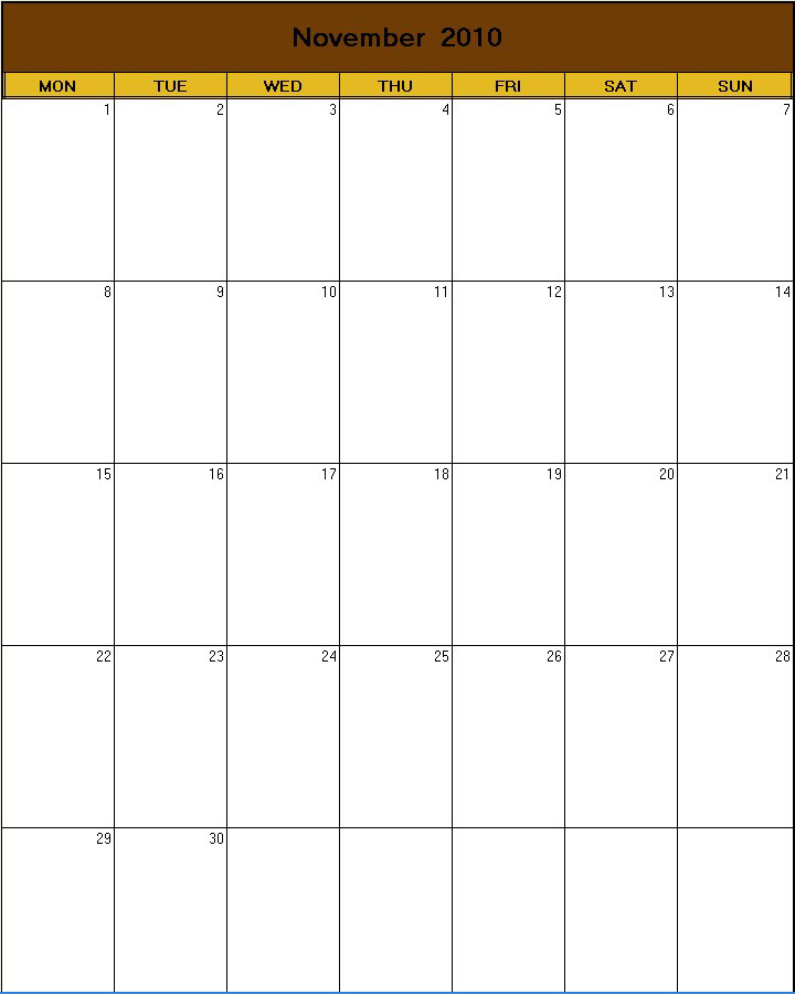 printable blank calendar image for Thanks 2010