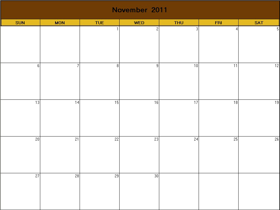 printable blank calendar image for Thanksgiving 2011