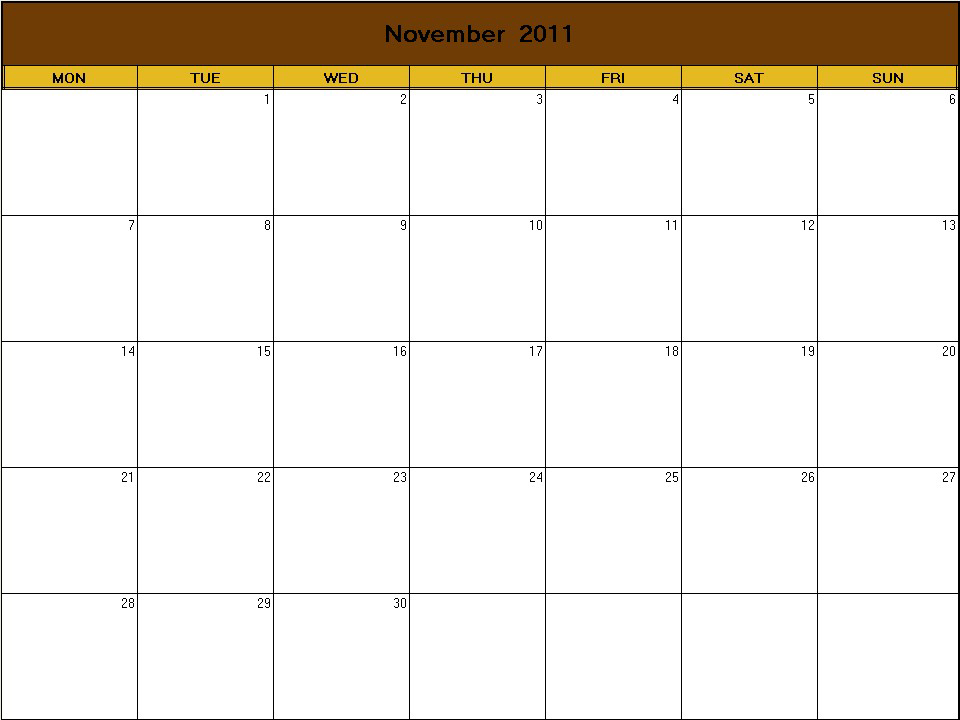 printable blank calendar image for Thanksgiving 2011