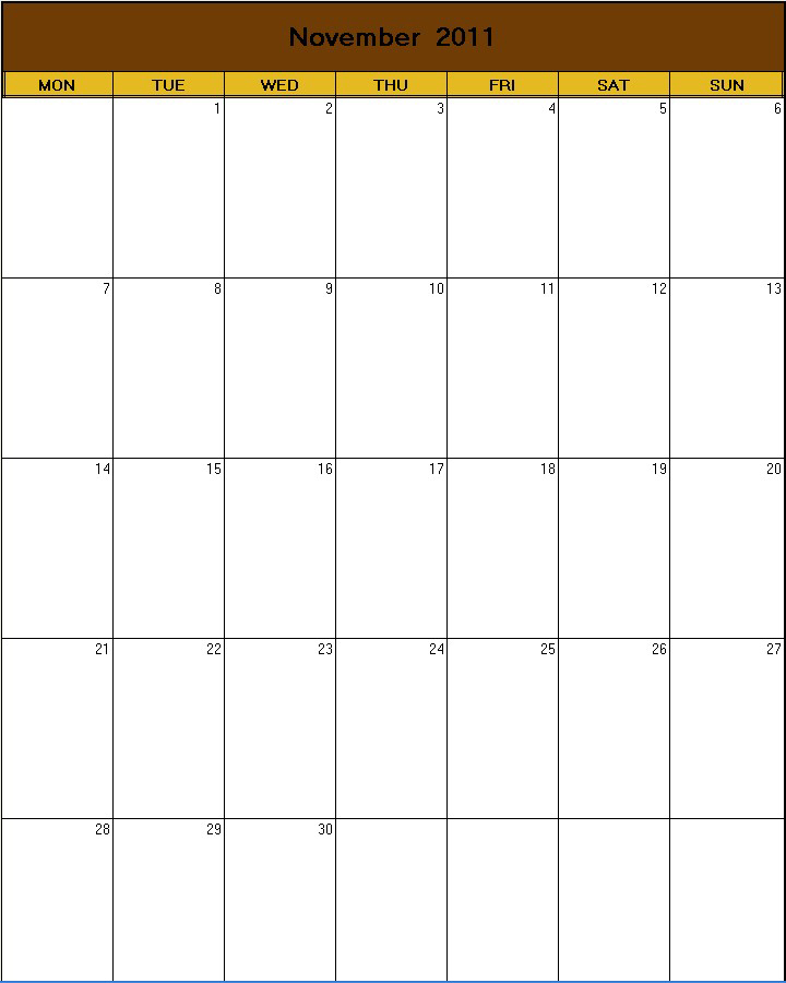 printable blank calendar image for Thanksgiving 2011