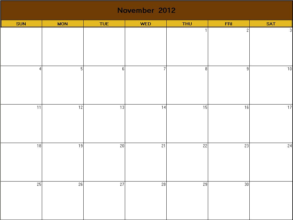 printable blank calendar image for Thanksgiving 2012