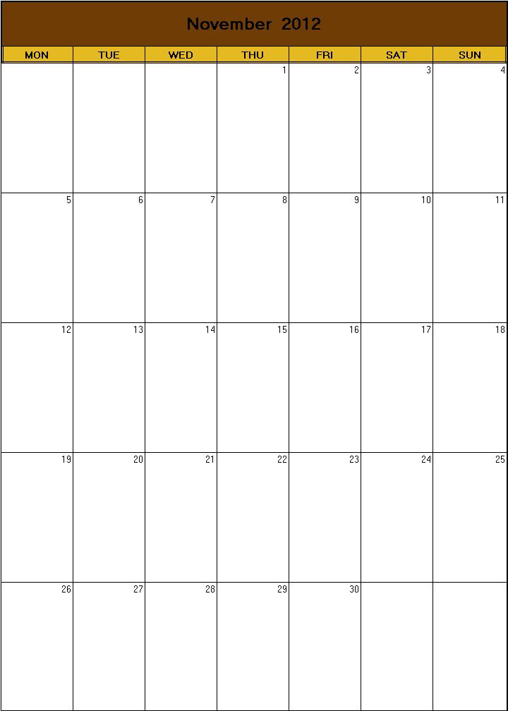 printable blank calendar image for Thanksgiving 2012