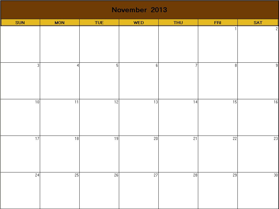 printable blank calendar image for Thanksgiving 2013