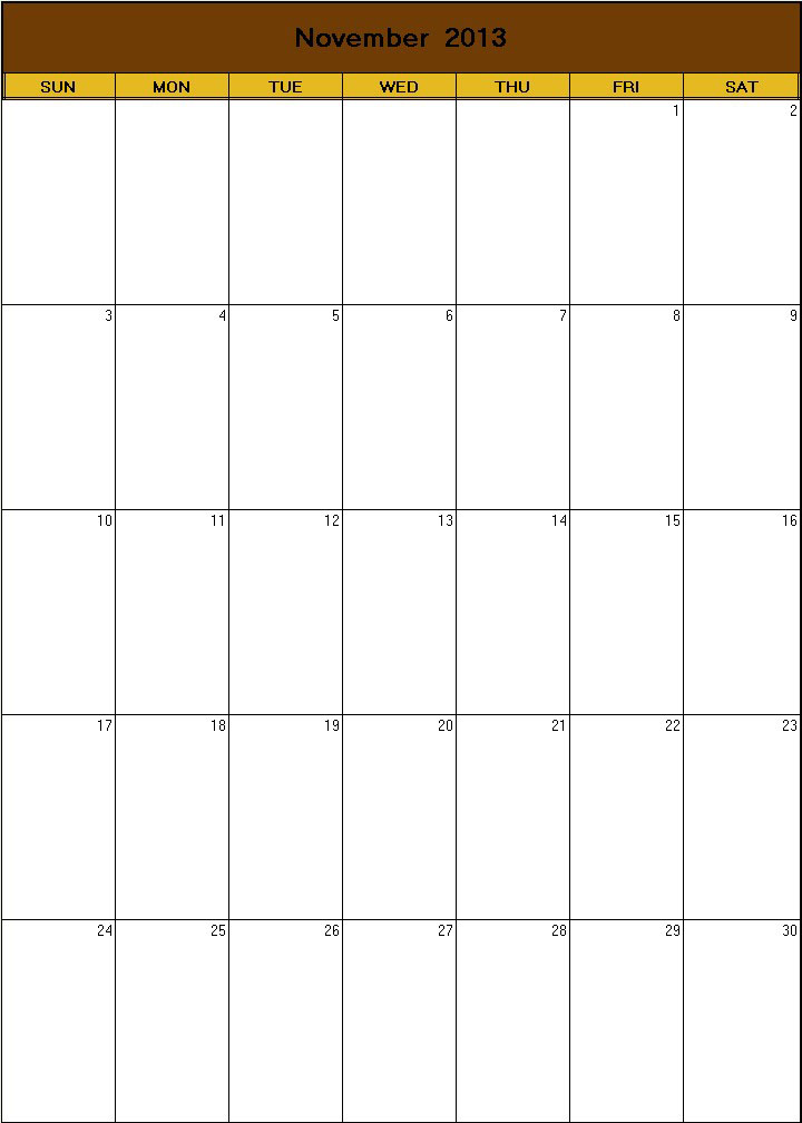 printable blank calendar image for Thanksgiving 2013