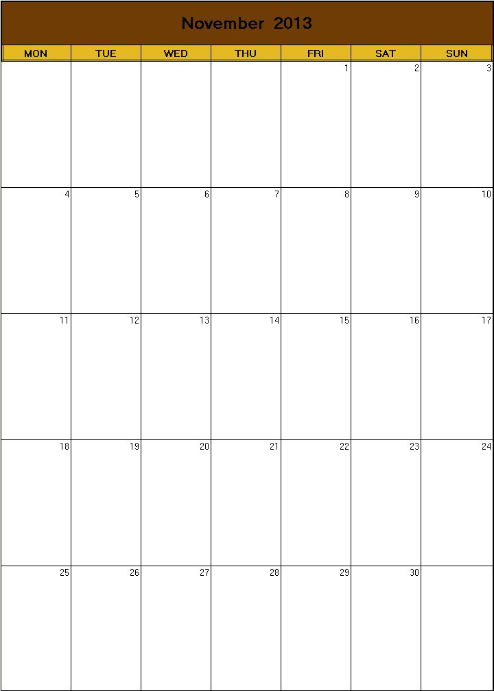 printable blank calendar image for Thanksgiving 2013