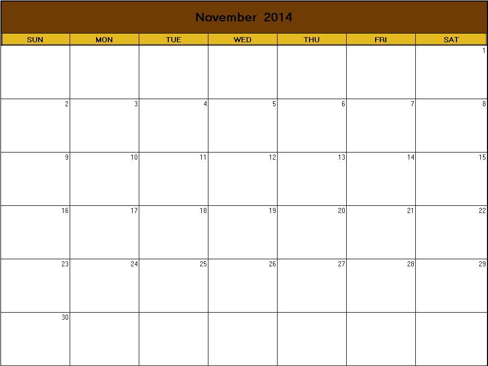 printable blank calendar image for Thanksgiving 2014