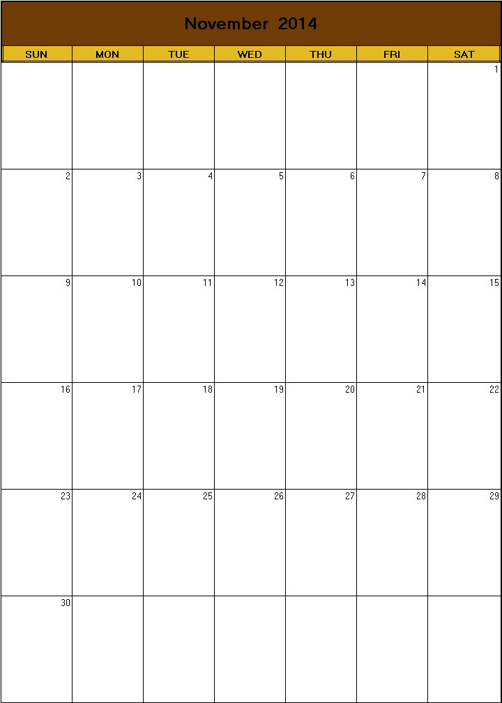 printable blank calendar image for Thanksgiving 2014