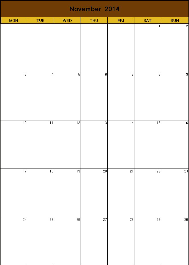 printable blank calendar image for Thanksgiving 2014