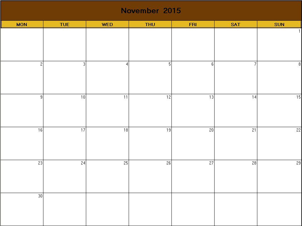printable blank calendar image for Thanksgiving 2015