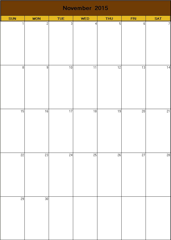 printable blank calendar image for Thanksgiving 2015