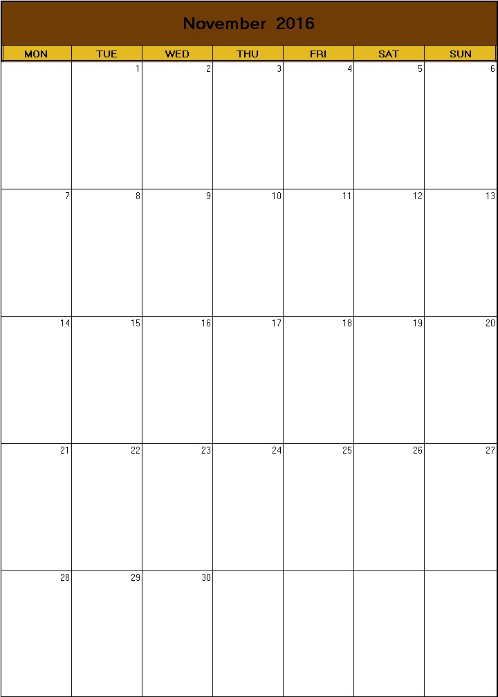 printable blank calendar image for Thanksgiving 2016