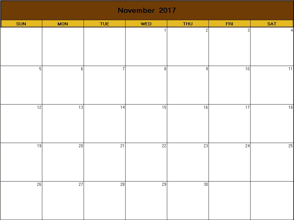 printable blank calendar image for Thanksgiving 2017
