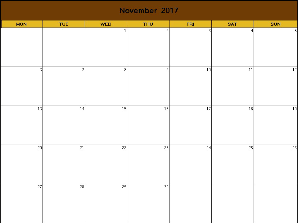 printable blank calendar image for Thanksgiving 2017