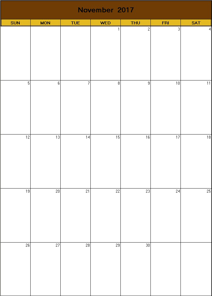 printable blank calendar image for Thanksgiving 2017
