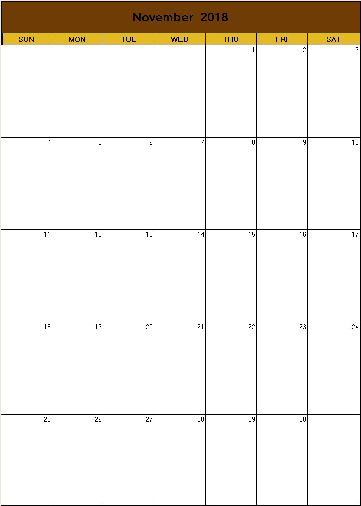 printable blank calendar image for Thanksgiving 2018