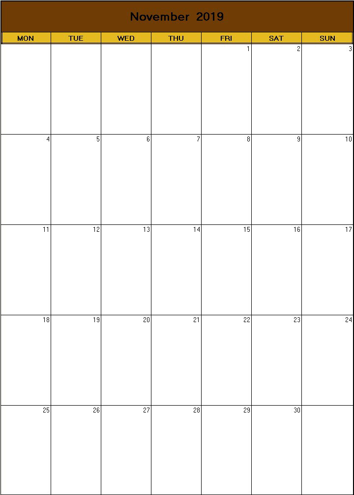 printable blank calendar image for Thanksgiving 2019