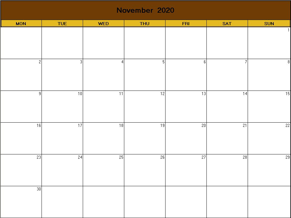 printable blank calendar image for Thanksgiving 2020