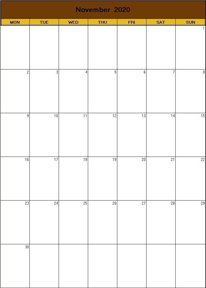 printable blank calendar image for Thanksgiving 2020