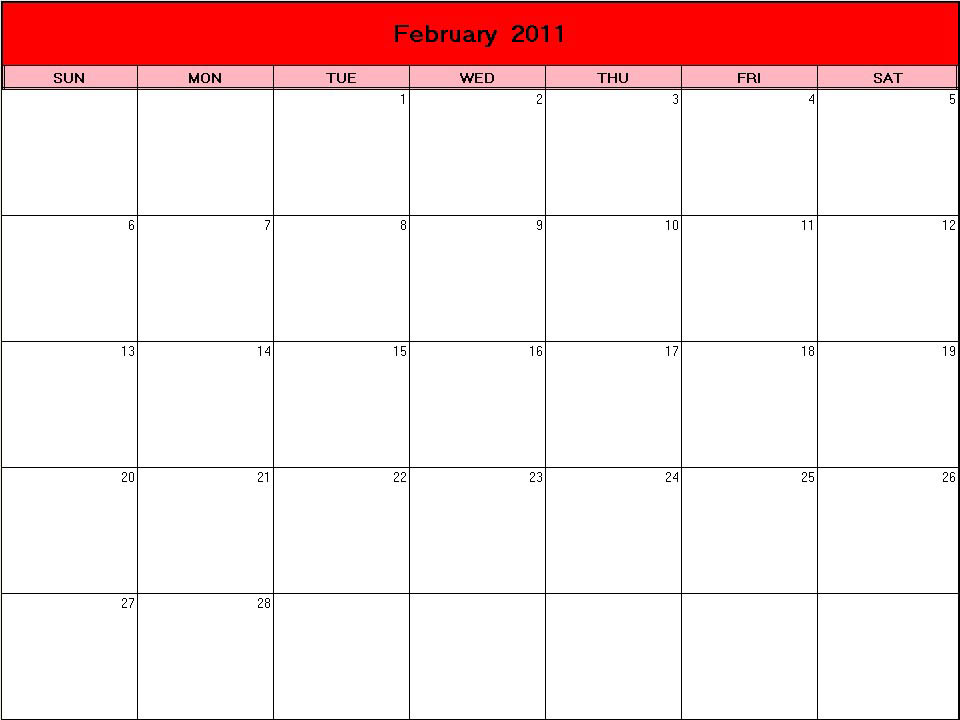 printable blank calendar image for Valentine 2011