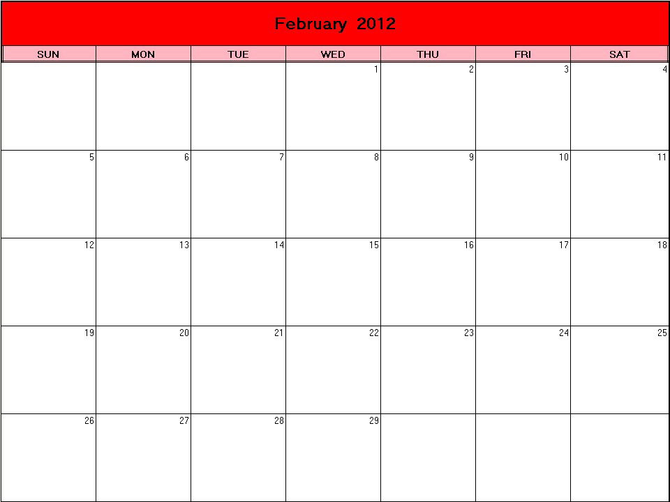 printable blank calendar image for Valentine 2012