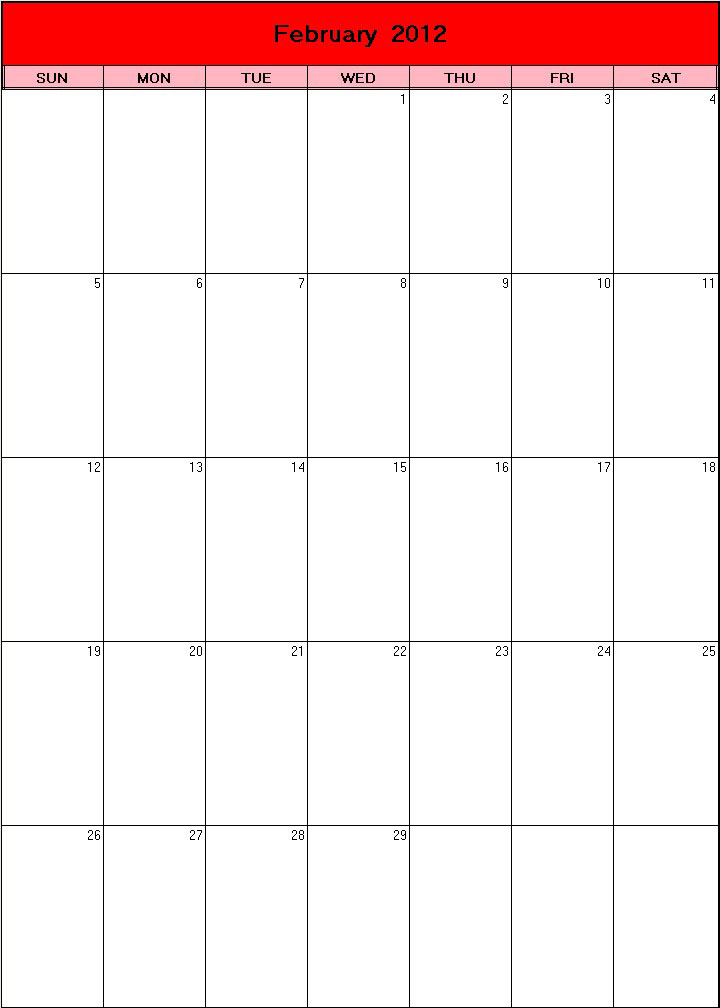 printable blank calendar image for Valentine 2012