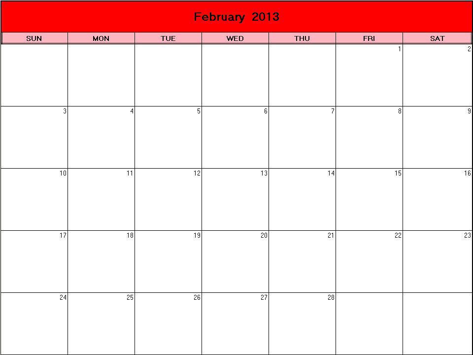 printable blank calendar image for Valentine 2013