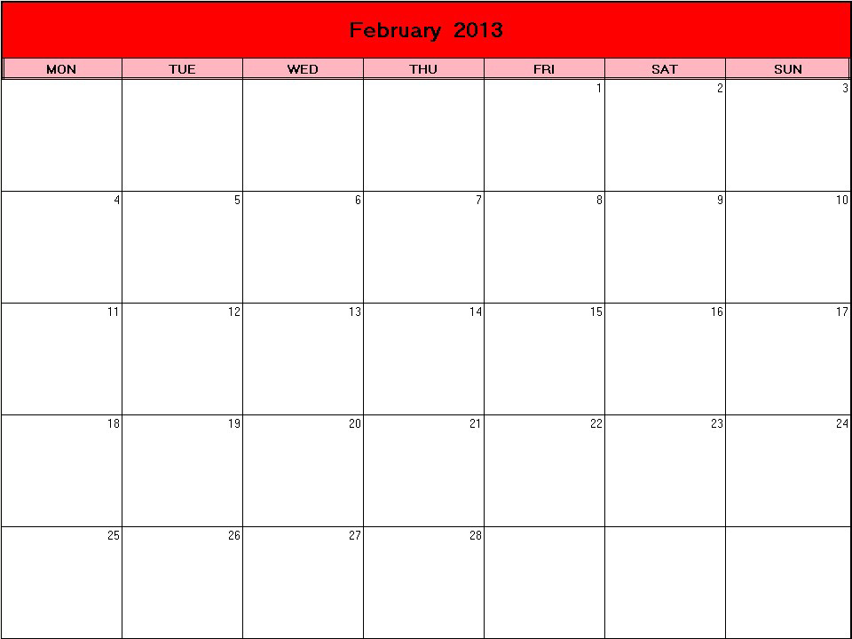 printable blank calendar image for Valentine 2013