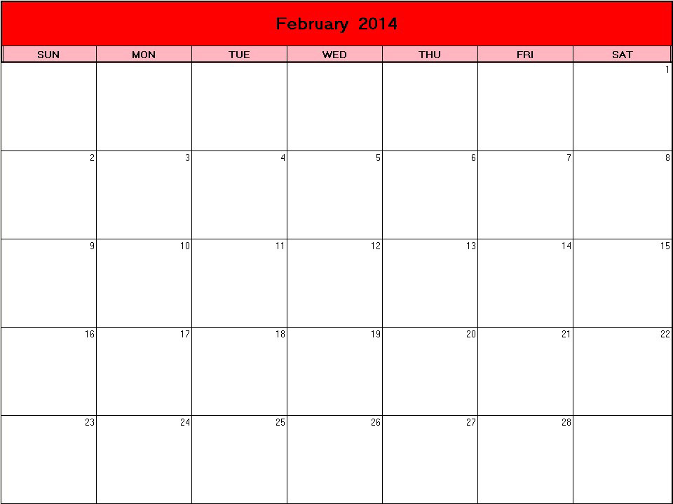 printable blank calendar image for Valentine 2014