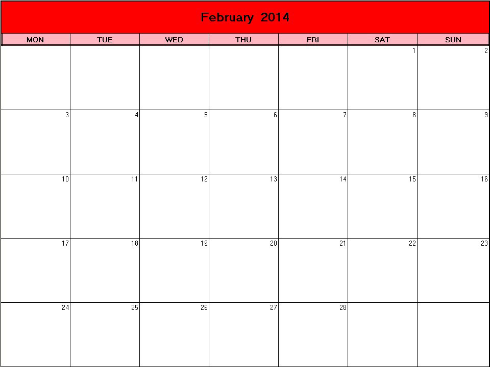 printable blank calendar image for Valentine 2014