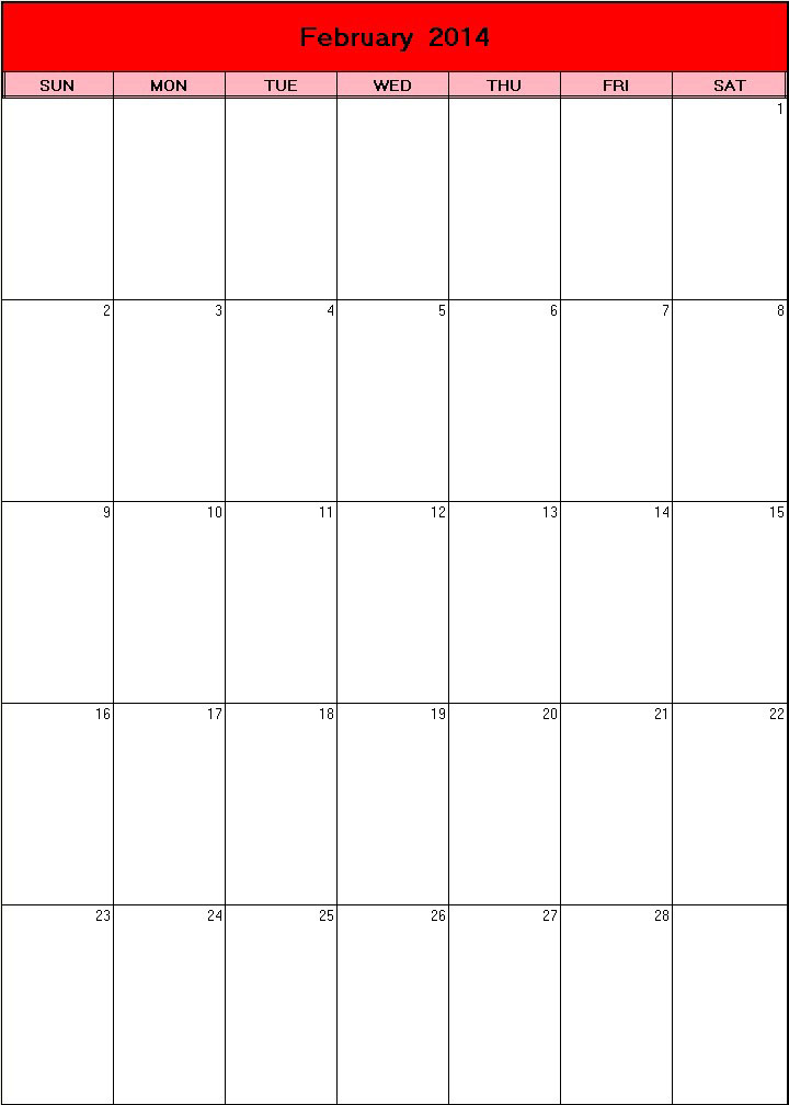 printable blank calendar image for Valentine 2014