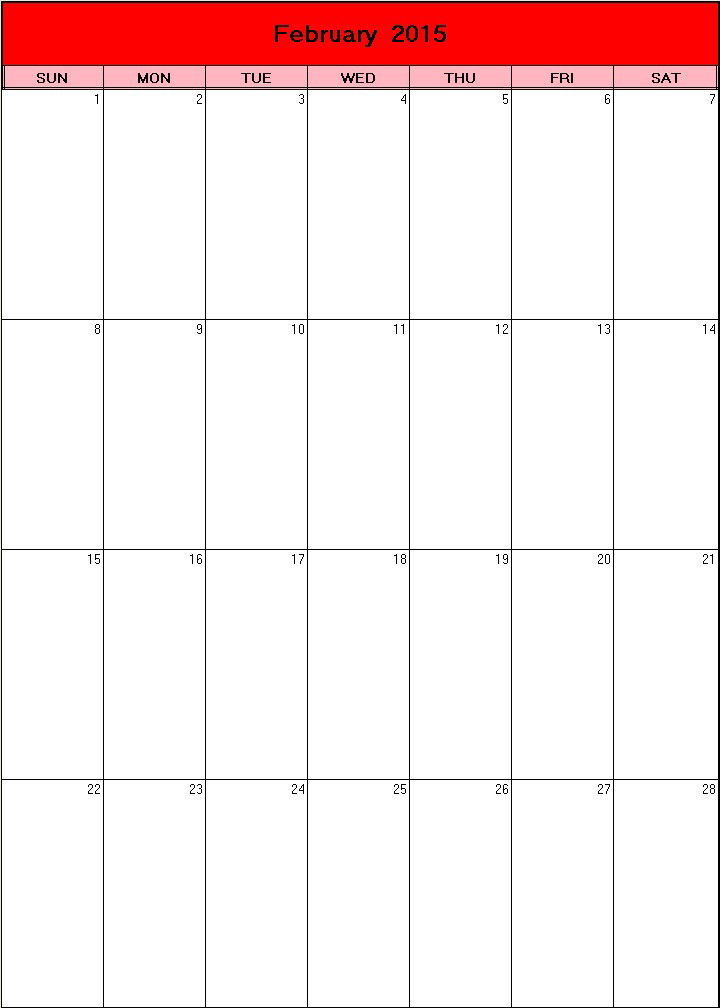 printable blank calendar image for Valentine 2015