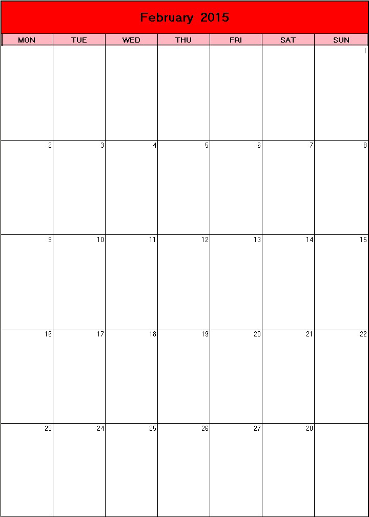 printable blank calendar image for Valentine 2015