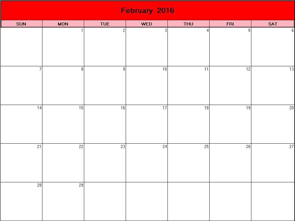 printable blank calendar image for Valentine 2016