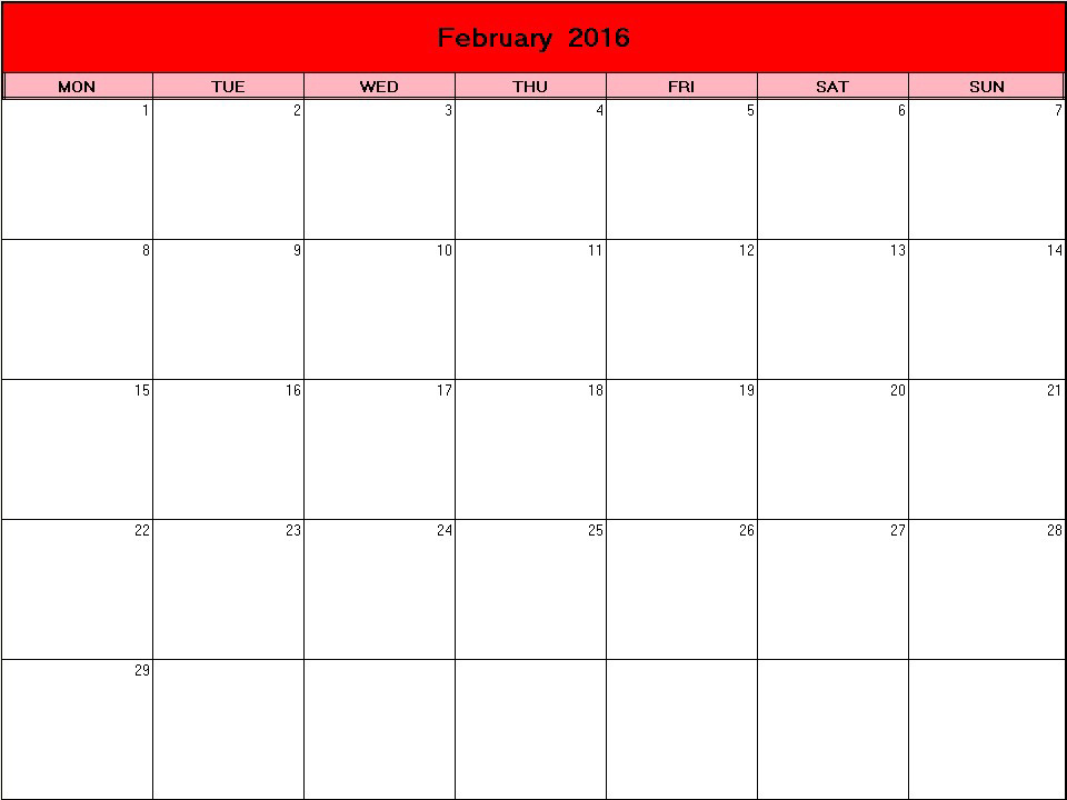 printable blank calendar image for Valentine 2016