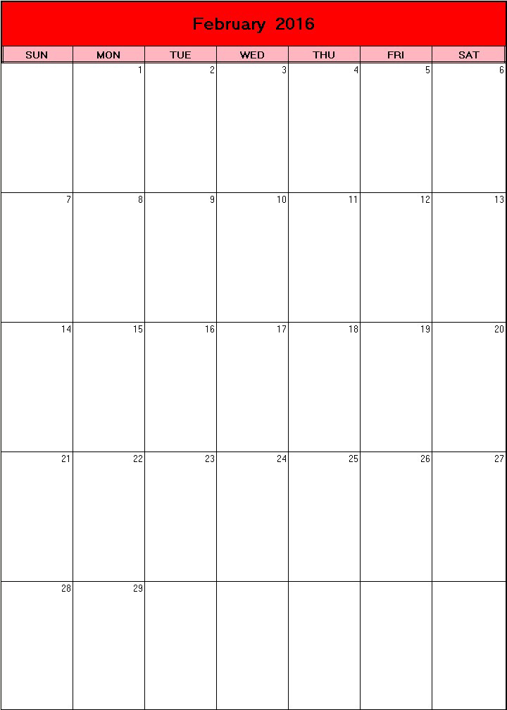 printable blank calendar image for Valentine 2016