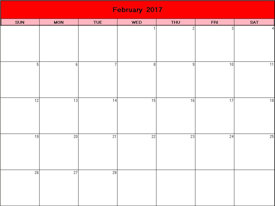 printable blank calendar image for Valentine 2017