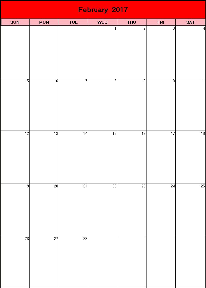 printable blank calendar image for Valentine 2017