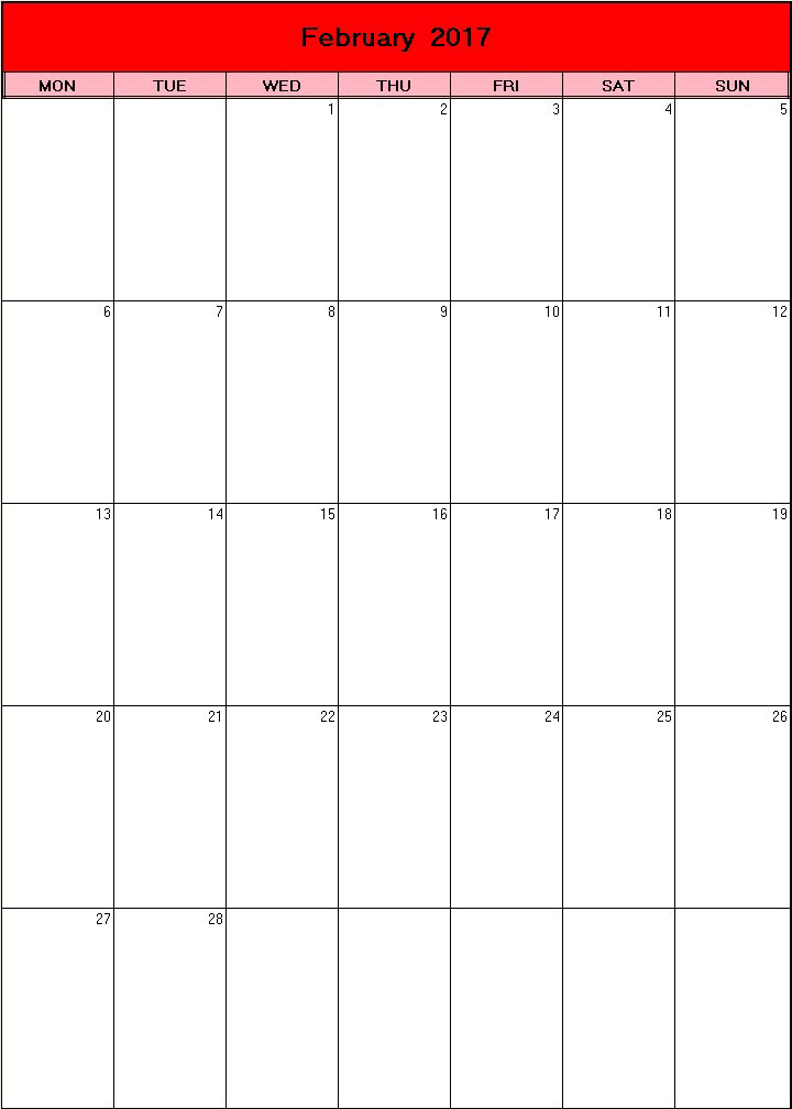 printable blank calendar image for Valentine 2017