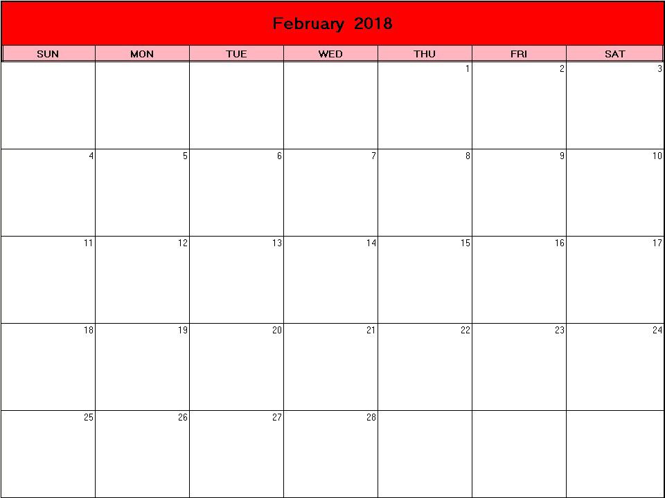 printable blank calendar image for Valentine 2018