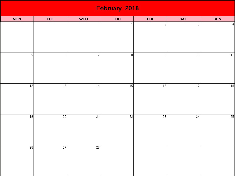 printable blank calendar image for Valentine 2018