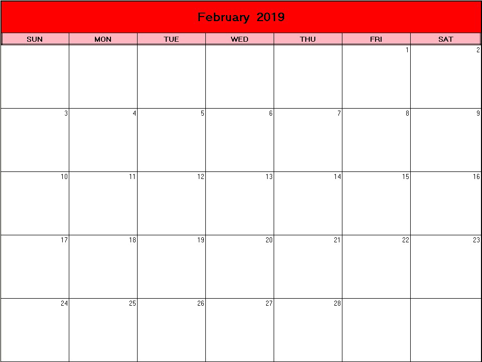 printable blank calendar image for Valentine 2019