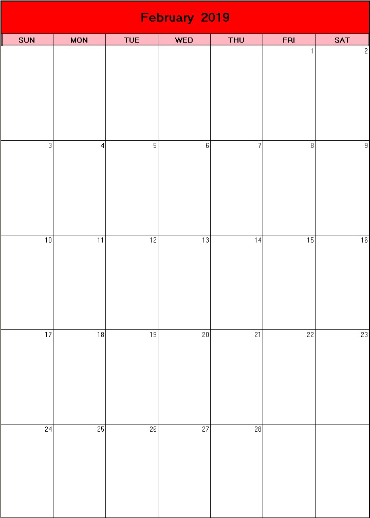 printable blank calendar image for Valentine 2019
