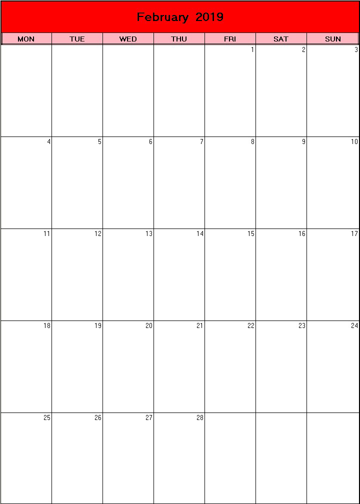 printable blank calendar image for Valentine 2019